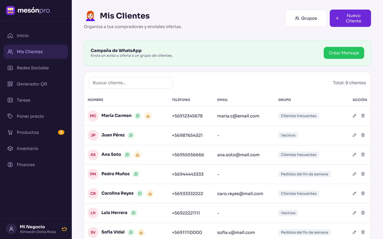 Lista de clientes con teléfono, grupo y botón de WhatsApp